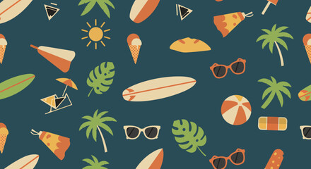Retro Summer Pattern with Surfboards Sunglasses Palm Trees and Ice Cream.