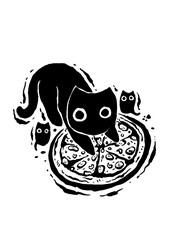 Black cat enjoying a whole pizza with kittens