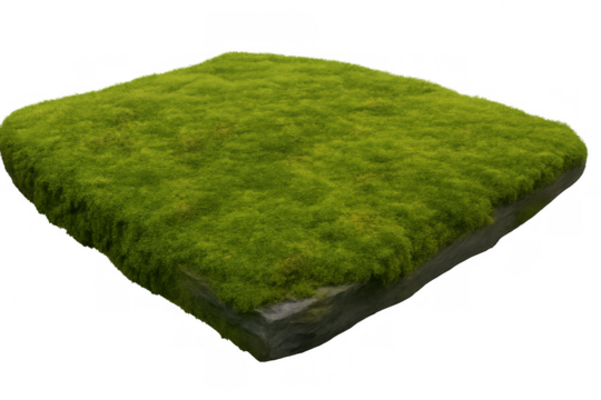 Square rock covered in vibrant green moss, isolated on a transparent background, perfect for nature and environment-related projects