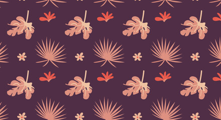 Seamless pattern of stylized tropical leaves flowers and palm fronds in muted coral and mauve tones. © agra