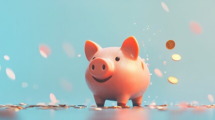 Adorable piggy bank with coins being inserted, isolated on smooth blue background, savings and finance concept