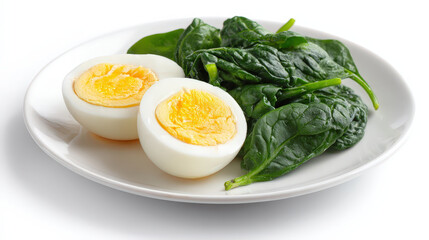 Boiled eggs with spinach white plate healthy protein and leafy greens fresh cooked vegetables nutritious meal light and simple dish dietary food