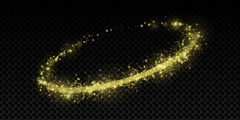 Golden light trail with magic sparkles and glowing swirl. Abstract curved wave with shimmer, dust and flare on black transparent background. Dynamic 3D fantasy ring vector illustration.