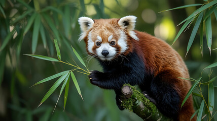 Red panda on branch, surrounded by bamboo.
