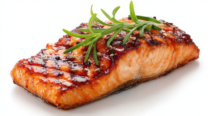 Grilled salmon fillet garnished with fresh herbs and sesame seeds, showcasing juicy, tender texture with caramelized glaze for flavorful dish