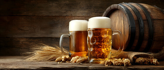Oktoberfest beer barrel and beer glasses with wheat and hops on wooden table