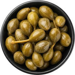 Pickled green caper berries featuring stems filling a small black bowl from an overhead perspective