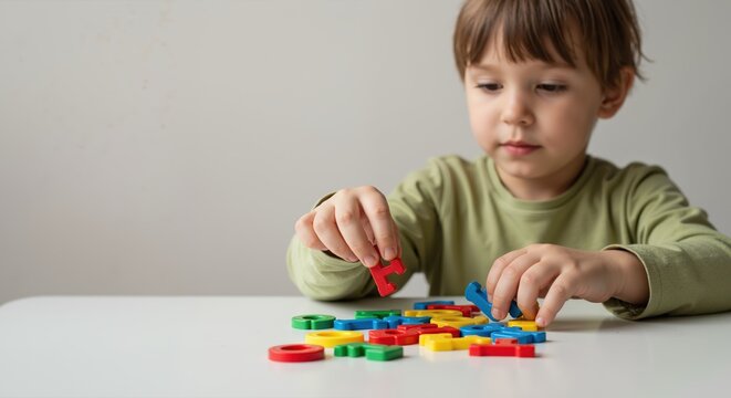 Young boy playing with colorful building blocks on table indoors  