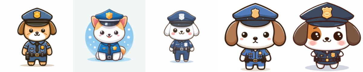 cute dog dressed as police icon set