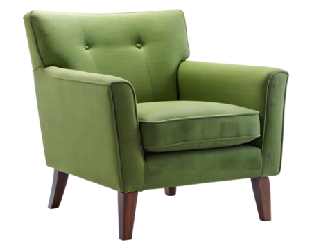 Photo of a green upholstered armchair with wooden legs is isolated on transparent background