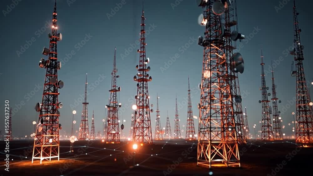 Poster networking towers at dusk: towering communication structures illuminate the twilight sky, forming a 