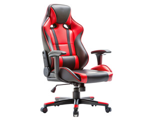 Fototapeta premium Photo of a red and black leather gaming chair is isolated on transparent background, designed for comfort and performance