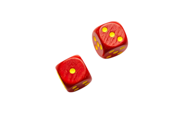 Red dice with yellow pips floating against black isolated on a transparent background game