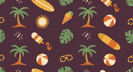 Summer themed pattern with palm trees surfboards ice cream and beach balls.