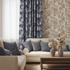 Cozy living room with elegant floral wallpaper, matching curtains, and tasteful neutral-toned decor.