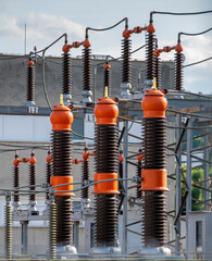 High voltage switch. High voltage electrical transformer substation. Power station. Power line.