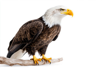 Obraz premium Portrait of a bald eagle, with its striking white head and golden beak, isolated on a clean white background. 