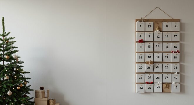 Advent calendar hanging on wall beside decorated Christmas tree  