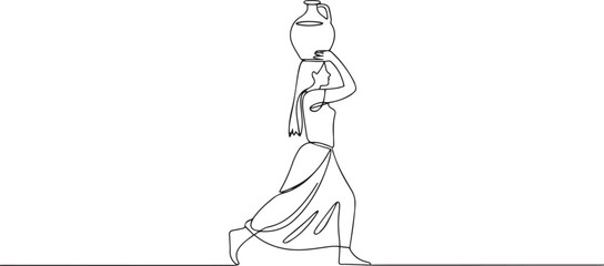 Continuous single line drawing of traditional Indian woman carrying water pot wearing sari in flat doodle style

