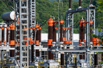 High voltage switch. High voltage electrical transformer substation. Power station. Power line.