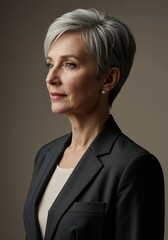 Elderly woman in business suit looking confidently at side profile  