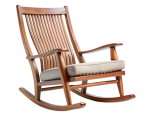 Photo of a comfortable wooden rocking chair with a beige cushion is isolated on transparent background