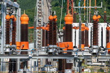 High voltage switch. High voltage electrical transformer substation. Power station. Power line.