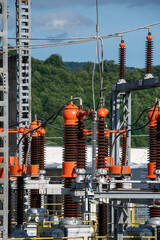 High voltage switch. High voltage electrical transformer substation. Power station. Power line.