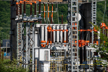 High voltage switch. High voltage electrical transformer substation. Power station. Power line.