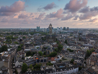 Aerial view of Utrecht, Netherlands, featuring the Dom Tower, historic buildings, narrow streets,...
