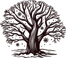 Obraz premium Intricate hand drawn winter tree with bare branches and snowflakes in vintage engraved illustration