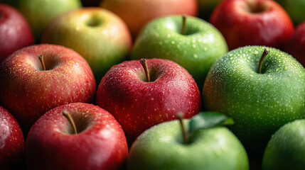 Closeup of Red and Green Apples with Water Droplets