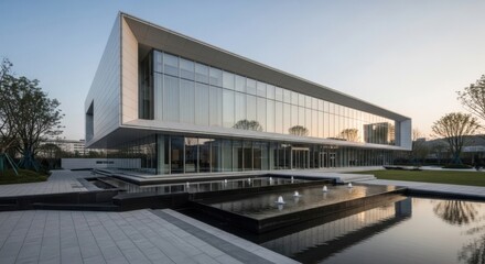 Fototapeta premium Modern Architectural Masterpiece Showcases Sleek Design and Reflective Waterscapes