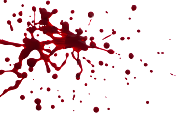 Red liquid splatter with droplets on black isolated on a transparent background blood splash