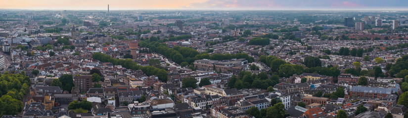 Aerial view of Utrecht, Netherlands, featuring the Dom Tower, a brick water tower, traditional...