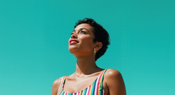 Young woman looking upwards and smiling against blue sky - Powered by Adobe