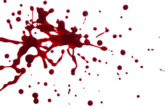 Red liquid splatter with droplets on black isolated on a transparent background blood splash