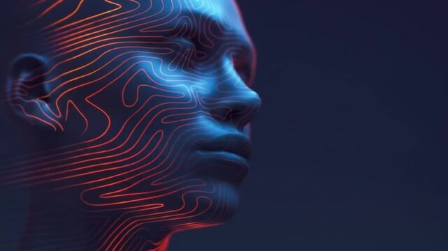 Futuristic AI humanoid head with glowing topographic data lines moving across the face, representing digital identity, biometrics, and artificial intelligence technology.
