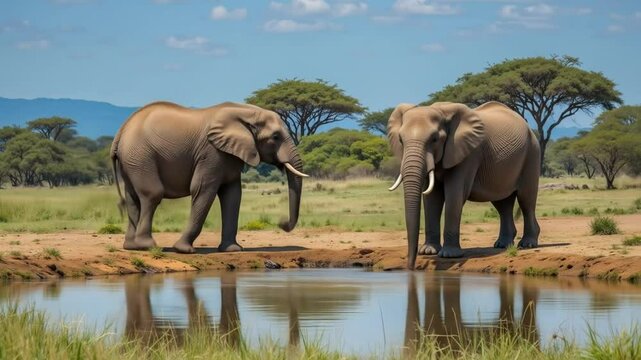 Two African elephants at a water hole. Tsavo East National Park, Kenya, African savannah. Wild nature scene with large mammals, blue sky, green grass and trees. 4k video