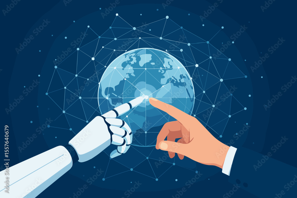 Poster artificial intelligence and human collaboration concept. robot and human hand touching digital globe