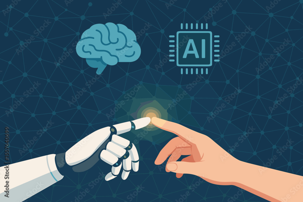 Poster human and robot hands touching, symbolizing artificial intelligence, machine learning, deep learning