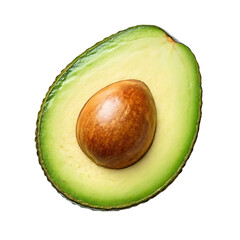 Close up of a ripe avocado half with a large brown seed isolated on transparent background