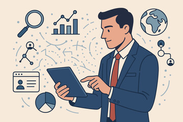 Businessman Using Tablet for Data Analysis, Business Intelligence, Financial Analytics, Customer Database Management, Algorithm Development, Data Science, Corporate Strategy, Sales Operations