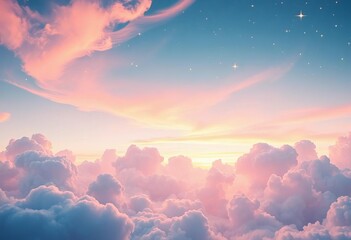 Pastel cloudscape, whimsical stars, stylized landscape, dreamlike scene,   design element,   graphics