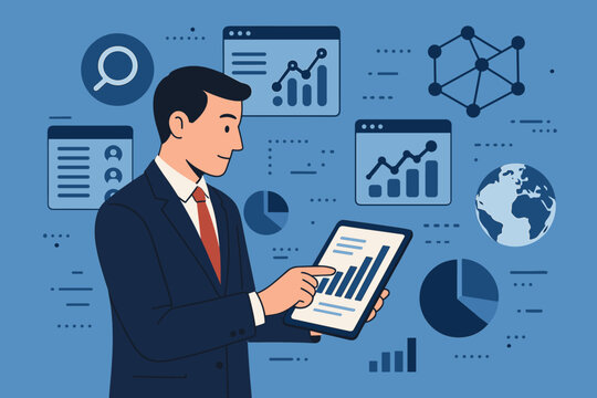 Businessman using tablet for data analysis, business intelligence, financial analytics, customer database management, algorithm, data science, corporate strategy, sales operations, global statistics