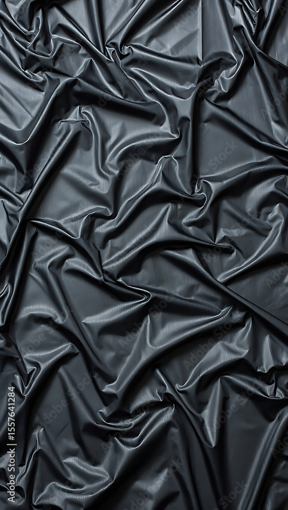 Poster a close up shot of draped dark gray fabric with a shiny surface and intricate folds and shadows crea