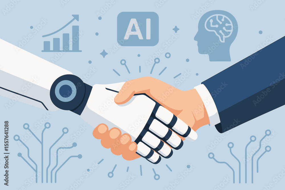 Poster human and robot handshake symbolizing artificial intelligence collaboration, machine learning partne