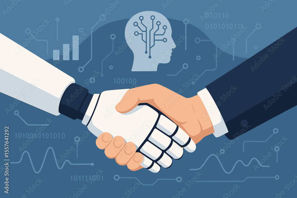 Poster human and robot handshake symbolizing artificial intelligence collaboration, machine learning partne