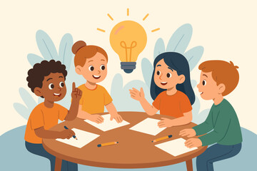 Diverse group of children brainstorming creative ideas at round table, teamwork, collaboration, light bulb inspiration, education, problem solving, innovation, learning, school project concept