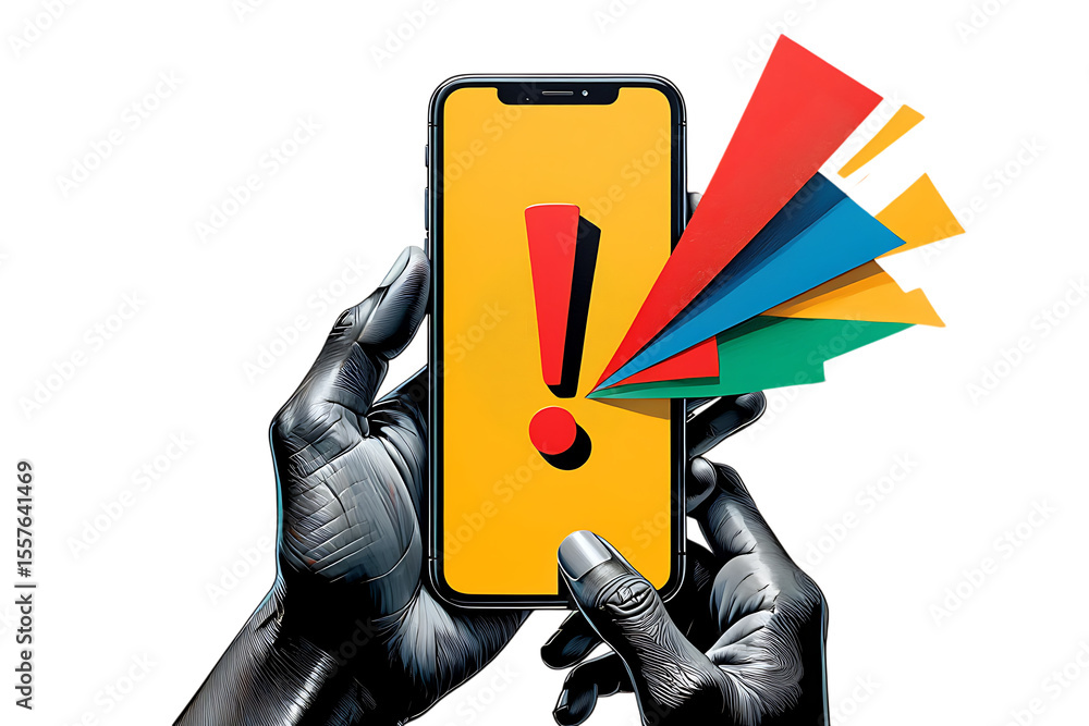 Poster Robotic hands holding smartphone displaying colorful abstract shapes and exclamation mark isolated on a transparent background
